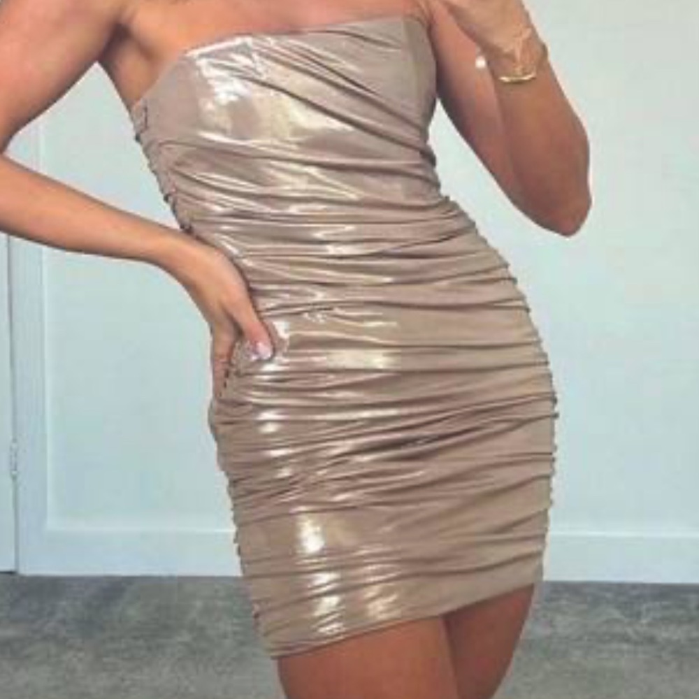 Zara ruched strapless metallic gold dress